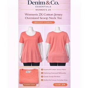 Denim & Co Essentials Womens 2X Bright Coral Cotton Jersey Lace Sleeve Tee A2631